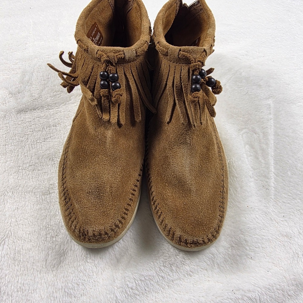 Minnetonka Back Zip Fringe Bootie Womens 8.5 Brown Good Suede Beaded 463S - Picture 2 of 6